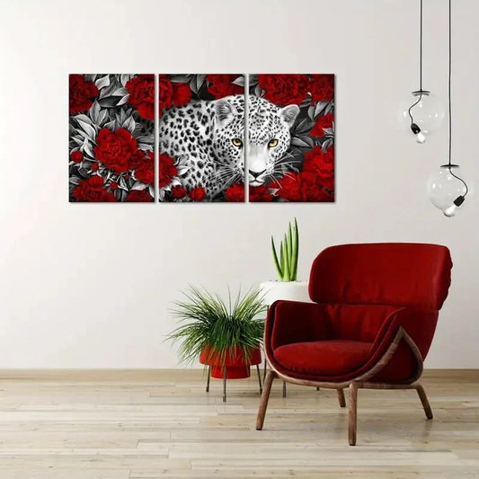 3pcs White Red Leopard with Yellow Eyes Metal Print Ready to Hang Art