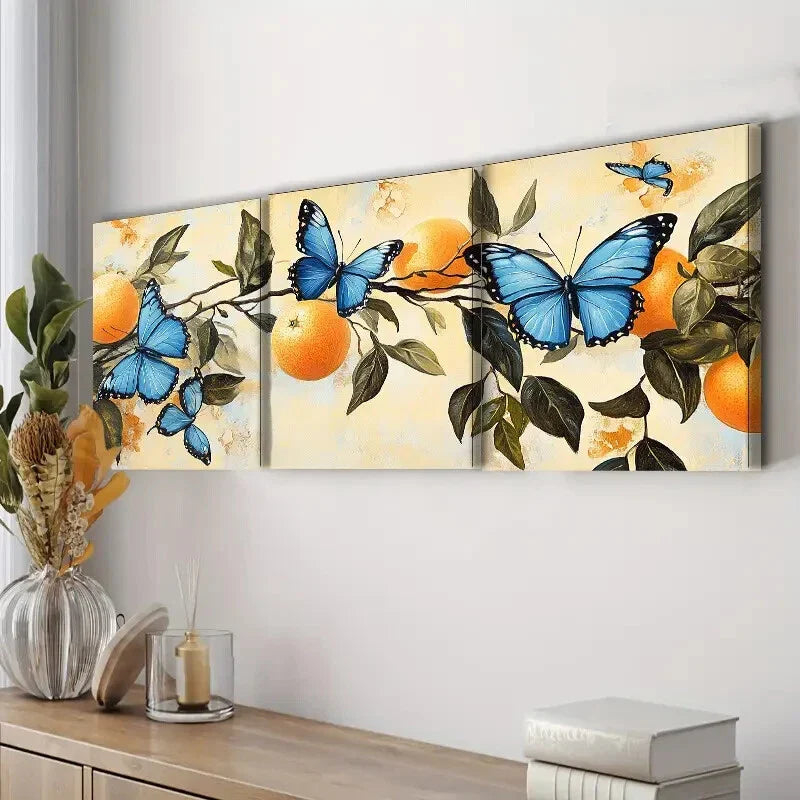 3pcs Blue Butterflies & Orange Trees Can Perfect Wall Art Set Canvas Framed 40x60cm - High Quality Print 100% Australian Made Wall Canvas Ready to Hang