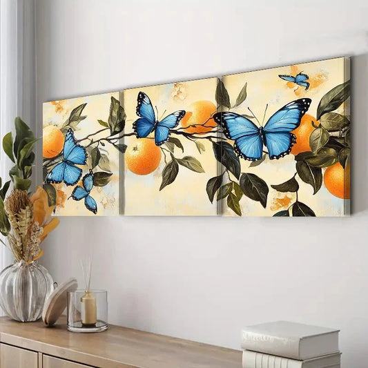 3pcs Blue Butterflies & Orange Trees Can Perfect Wall Art Set Canvas Framed 40x60cm - High Quality Print 100% Australian Made Wall Canvas Ready to Hang