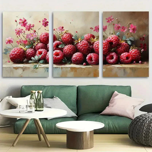 3pcs Bright Raspberries And Flowers Design Metal Print Ready to Hang Art