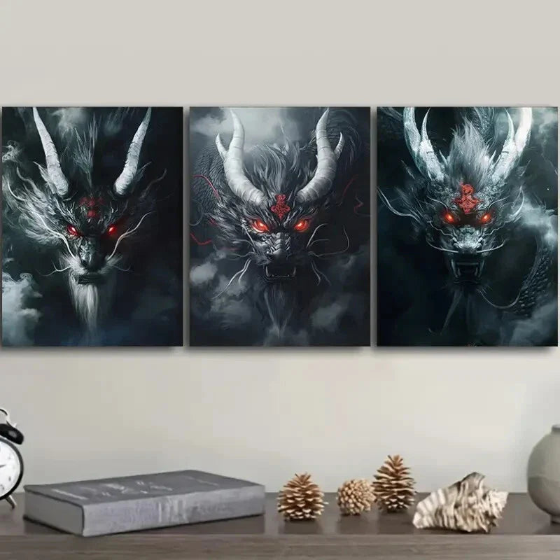3pcs Silver Metal Dragon, Wall Art Set Canvas Framed 40x60cm - High Quality Print 100% Australian Made Wall Canvas Ready to Hang