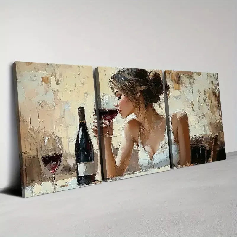 3pcs Elegant Women Drinking Red Wine Wall Art Set Canvas Framed 40x60cm - High Quality Print 100% Australian Made Wall Canvas Ready to Hang
