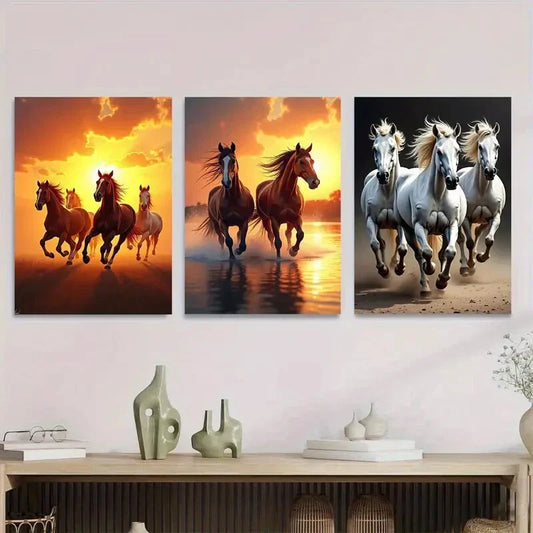 3pcs Galloping Horses Sunset and Beach Metal Print Ready to Hang Art