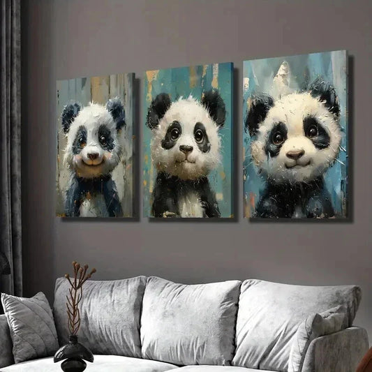 3pcs Woodland Animal Cute Panda Imitation Wall Art Set Canvas Framed 40x60cm - High Quality Print 100% Australian Made Wall Canvas Ready to Hang