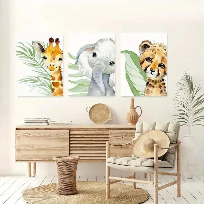 3pcs Jungle Giraffe Elephant Lion Painting Metal Print Ready to Hang Art
