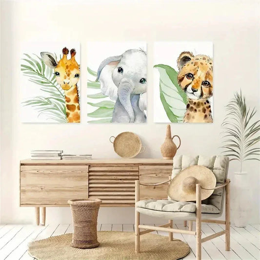 3pcs Jungle Giraffe Elephant Lion Painting Metal Print Ready to Hang Art