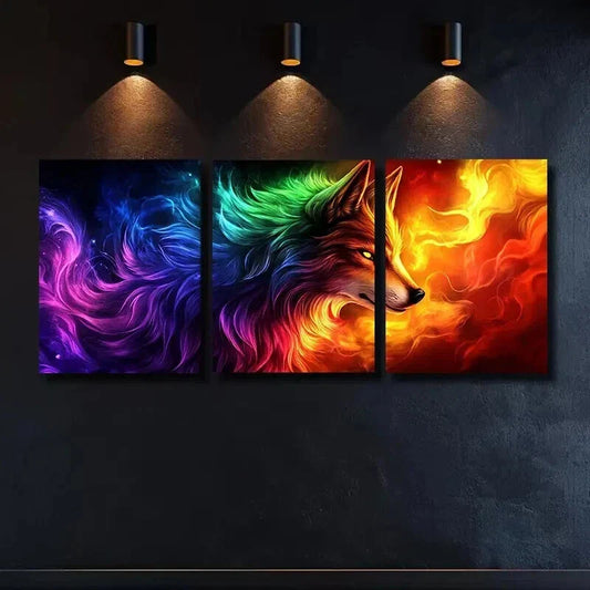 3pcs Glowing Vivid Fantasy Wolf Mural Wall Art Set Canvas Framed 40x60cm - High Quality Print 100% Australian Made Wall Canvas Ready to Hang