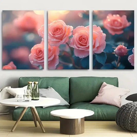 3pcs Moody Pink Roses Metal Print Ready to Hang Art