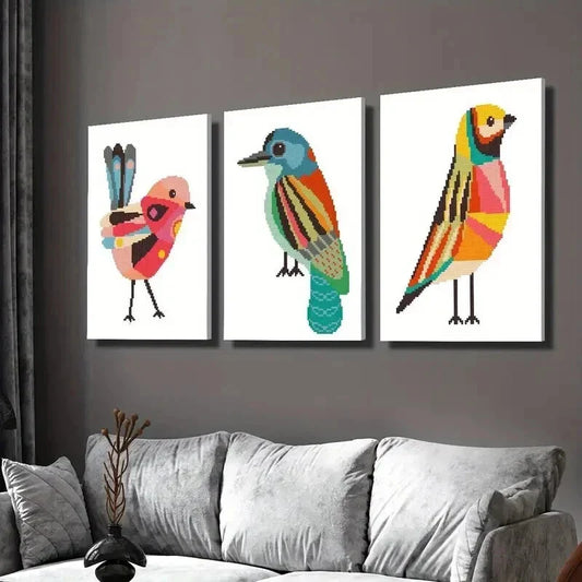 3pcs Geometric Birds Cross Stitch Pattern Wall Art Set Canvas Framed 40x60cm - High Quality Print 100% Australian Made Wall Canvas Ready to Hang