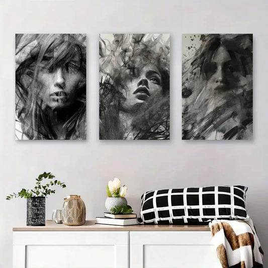3pcs Abstract Black and White Female Metal Print Ready to Hang Art