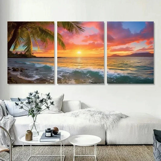 3pcs Sunset Ocean & Palm Trees Canvas Art Metal Print Ready to Hang Art