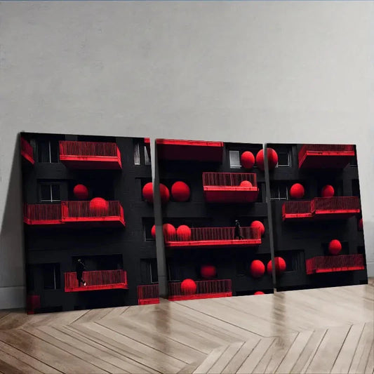 3pcs The red ball on the wall With People Wall Art Set Canvas Framed 40x60cm - High Quality Print 100% Australian Made Wall Canvas Ready to Hang