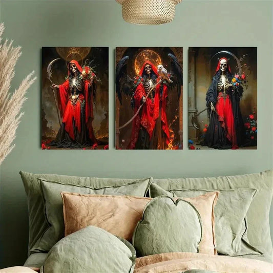 3pcs Skull Figure in Red & Black Robes Metal Print Ready to Hang Art