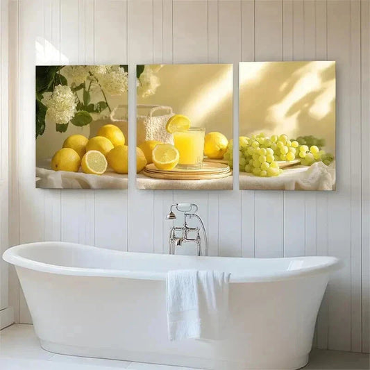 3pcs Fresh Lemon and Grape Bright Perfect Wall Art Set Canvas Framed 40x60cm - High Quality Print 100% Australian Made Wall Canvas Ready to Hang