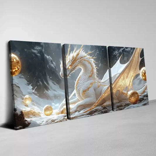 3pcs Beautiful White and Golden Fiery  Dragon Wall Art Set Canvas Framed 40x60cm - High Quality Print 100% Australian Made Wall Canvas Ready to Hang
