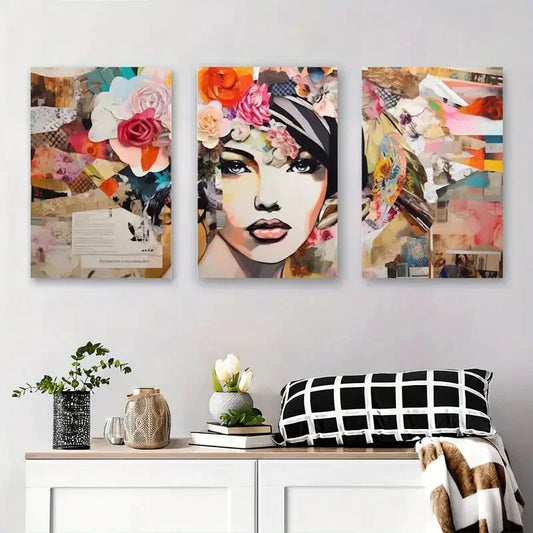 3pcs Abstract Fashion Portraits with Floral Metal Print Ready to Hang Art