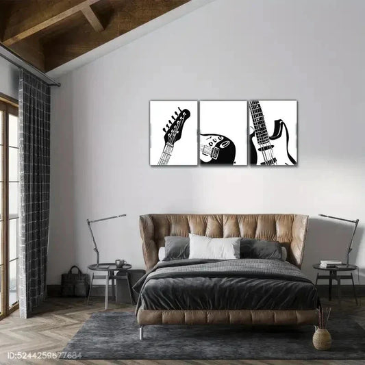 3pcs Guitar Mural Simple Black And White Art Metal Print Ready to Hang Art