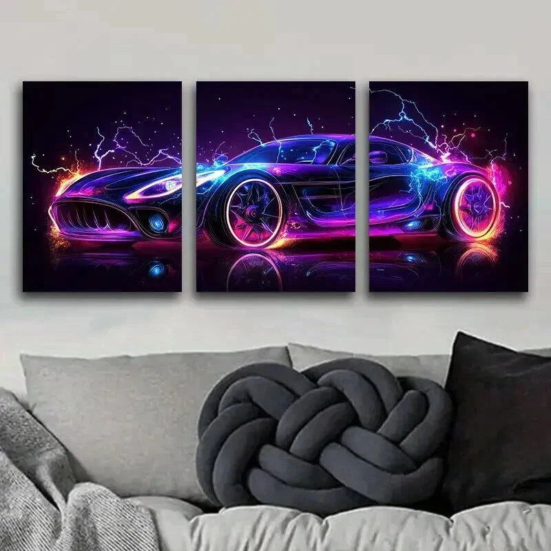 3pcs Neon Sports Car Super Colorful Dark Perfect Wall Art Set Canvas Framed 40x60cm - High Quality Print 100% Australian Made Wall Canvas Ready to Hang