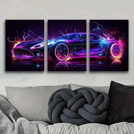 3pcs Neon Sports Car Super Colorful Dark Perfect Wall Art Set Canvas Framed 40x60cm - High Quality Print 100% Australian Made Wall Canvas Ready to Hang