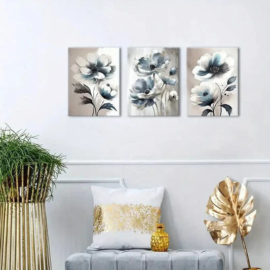 3pcs  Abstract Blue and White Wildflower Metal Print Ready to Hang Art