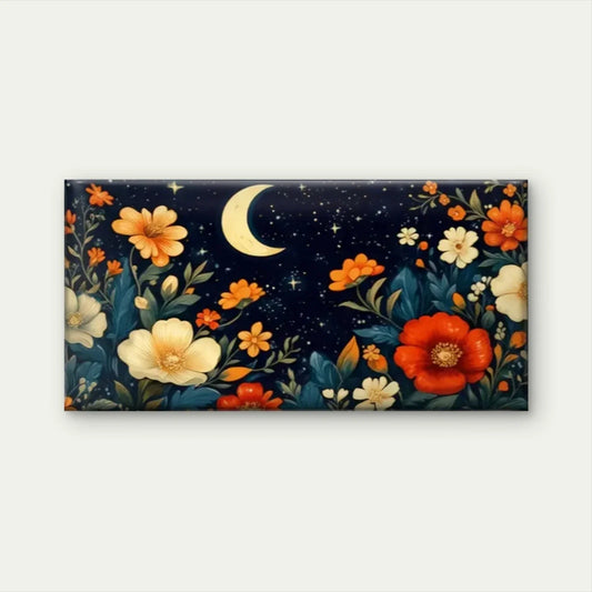 Vibrant Floral Moon Abstract Wall Art Canvas Office Home Room Framed 80x45cm