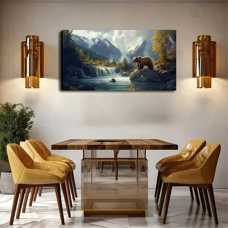 Minimalist Bear Mountain Stream Wall Art Canvas Office Home Room Framed 80x45cm