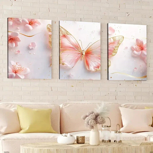 3pcs Abstract Geometric Pink & Golden Butterfly Wall Art Set Canvas Framed 40x60cm - High Quality Print 100% Australian Made Wall Canvas Ready to Hang