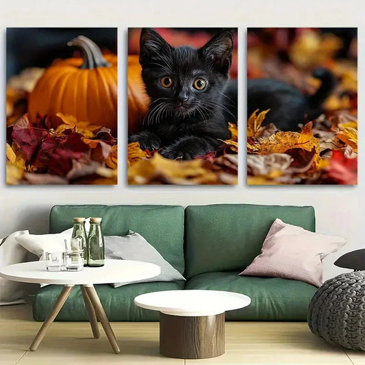3pcs Cute Black Kitten on Pumpkin Jack o" Lantern Metal Print Ready to Hang Art