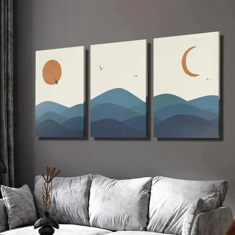 3pcs Birds Sunset Moon & Mountain Landscape Wall Art Set Canvas Framed 40x60cm - High Quality Print 100% Australian Made Wall Canvas Ready to Hang