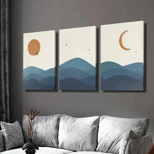 3pcs Birds Sunset Moon & Mountain Landscape Wall Art Set Canvas Framed 40x60cm - High Quality Print 100% Australian Made Wall Canvas Ready to Hang