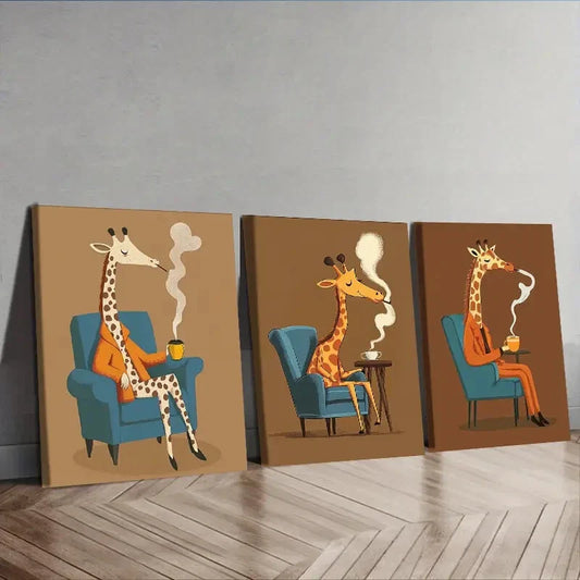 3pcs  The giraffe is on the chair Wall Art Set Canvas Framed 40x60cm - High Quality Print 100% Australian Made Wall Canvas Ready to Hang