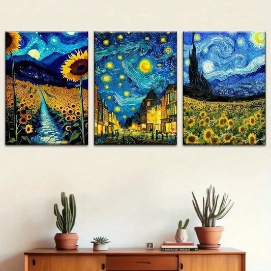 3pcs Vibrant Sunflower Field & Starry Night Metal Print Ready to Hang Art