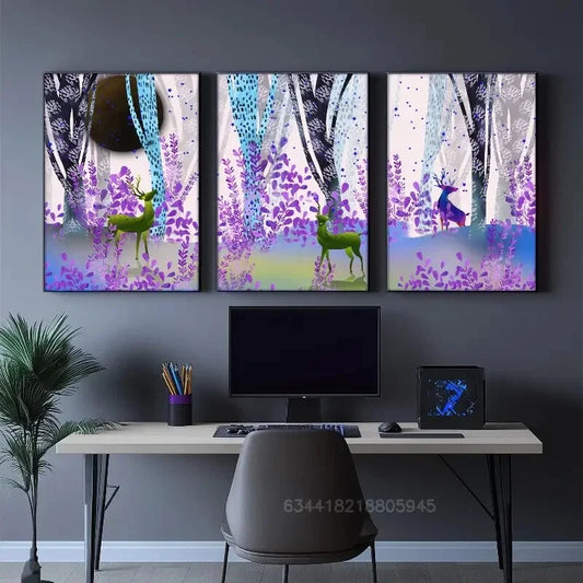 3pcs Sika deer, animals in the forest, Metal Print Ready to Hang Art