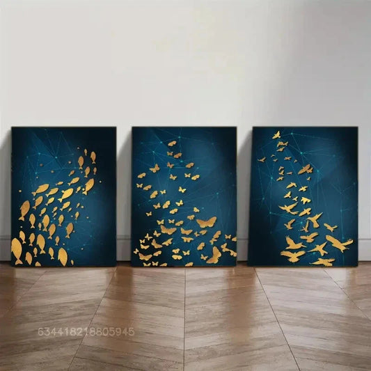 3pcs Fish, butterflies and flying birds Metal Print Ready to Hang Art