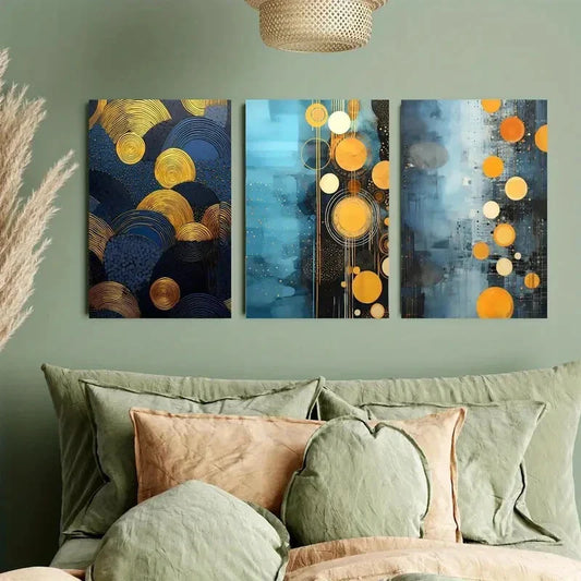 3pcs Royal Blue & Golden Abstract Metal Print Ready to Hang Art