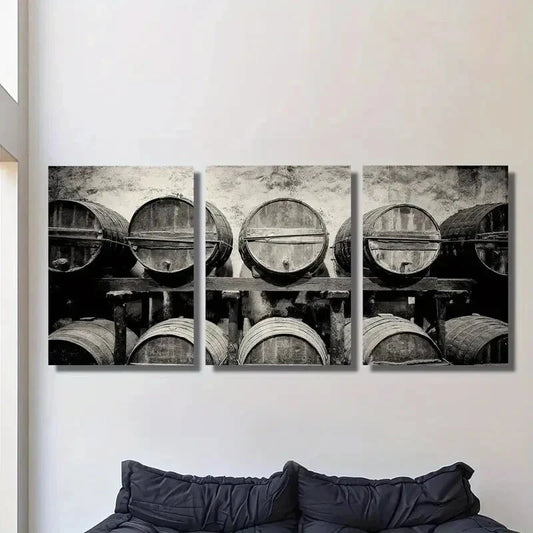 3pcs antique wine barrels stacked in a vintage wineMetal Print Ready to Hang Art