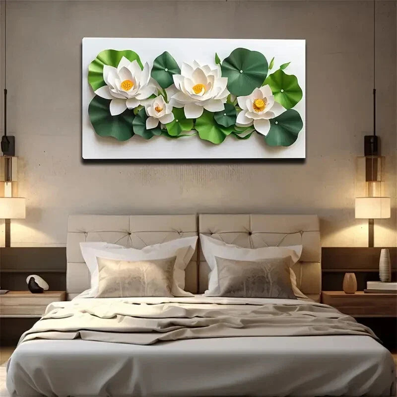 White for Lotus & Green Leaves Wall Art Canvas Office Home Room Framed 120x60cm