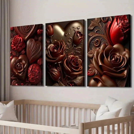 3pcs Chocolate Rose with Golden Accents Wall Art Set Canvas Framed 40x60cm - High Quality Print 100% Australian Made Wall Canvas Ready to Hang