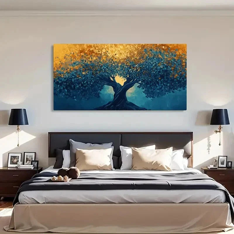 Vibrant Blue & Golden Nature Wall Art Canvas Office Home Room Framed 120x60cm