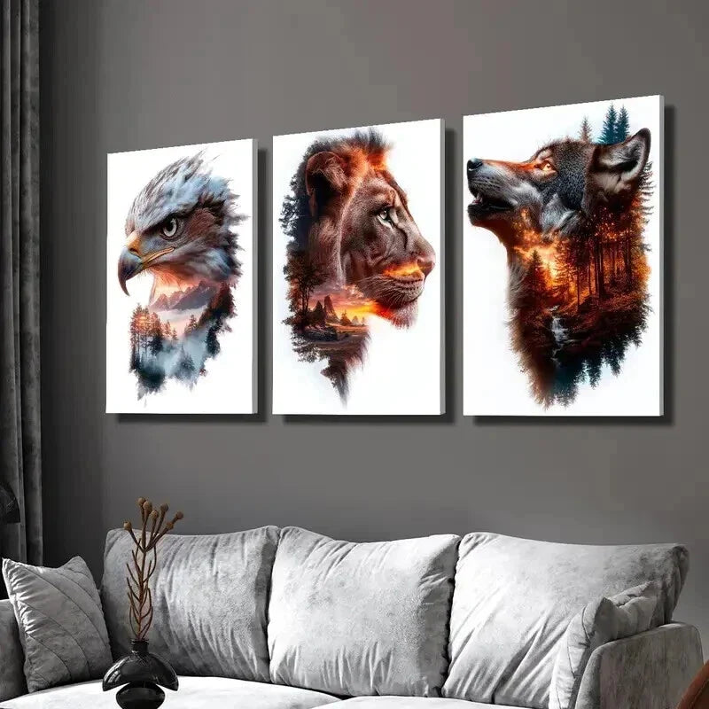 3pcs Eagle Lion Wolf Portraits and Nature Wall Art Set Canvas Framed 40x60cm - High Quality Print 100% Australian Made Wall Canvas Ready to Hang