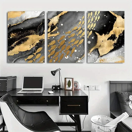 3pcs Goldfish Golden &amp; Black Modern Metal Print Ready to Hang Art