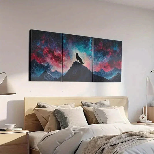 3pcs Majestic Wolf Howling at Starry Sky Wall Art Set Canvas Framed 40x60cm - High Quality Print 100% Australian Made Wall Canvas Ready to Hang