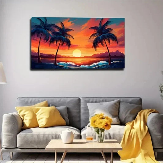 Vibrant Beach Sunset With Palm Wall Art Canvas Office Home Room Framed 80x45cm