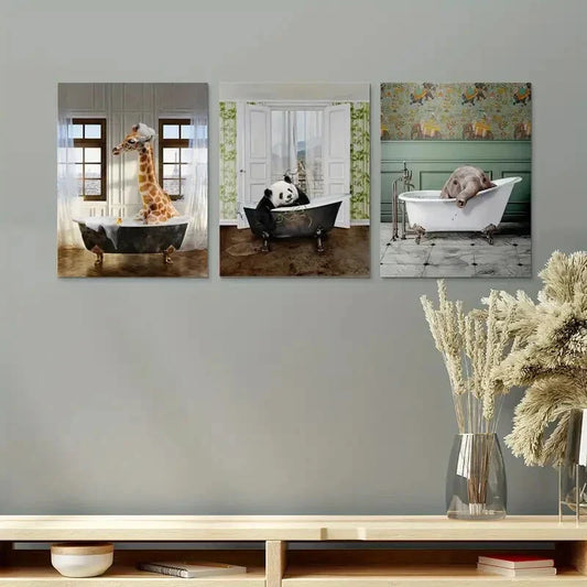 3pcs Giraffe, Panda & Elephant in Bathtubs Metal Print Ready to Hang Art