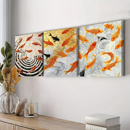 3pcs Goldfish Vortex Design Orange Perfect Wall Art Set Canvas Framed 40x60cm - High Quality Print 100% Australian Made Wall Canvas Ready to Hang