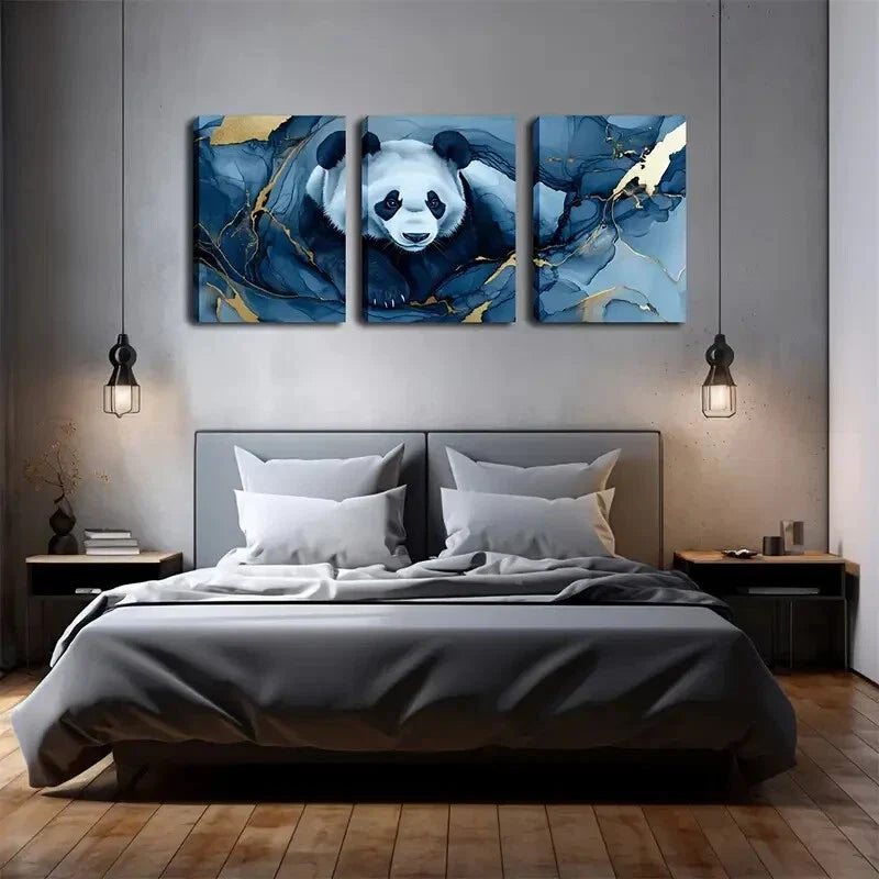 3pcs Panda Blue Golden Marble Abstract Perfect Wall Art Set Canvas Framed 40x60cm - High Quality Print 100% Australian Made Wall Canvas Ready to Hang