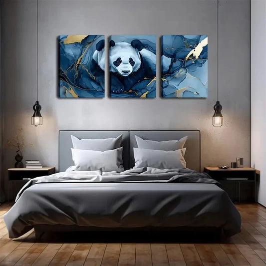 3pcs Panda Blue Golden Marble Abstract Perfect Wall Art Set Canvas Framed 40x60cm - High Quality Print 100% Australian Made Wall Canvas Ready to Hang