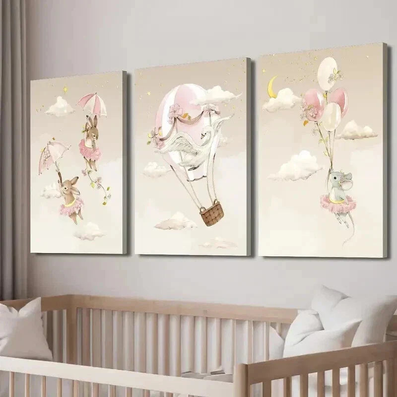 3pcs Swan Rabbit & Mouse on Hot Air Balloon Wall Art Set Canvas Framed 40x60cm - High Quality Print 100% Australian Made Wall Canvas Ready to Hang