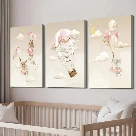 3pcs Swan Rabbit & Mouse on Hot Air Balloon Wall Art Set Canvas Framed 40x60cm - High Quality Print 100% Australian Made Wall Canvas Ready to Hang