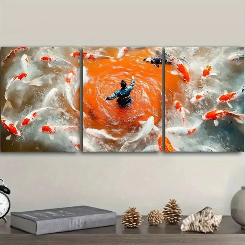 3pcs Fisherman, Koi Metal Print Ready to Hang Art